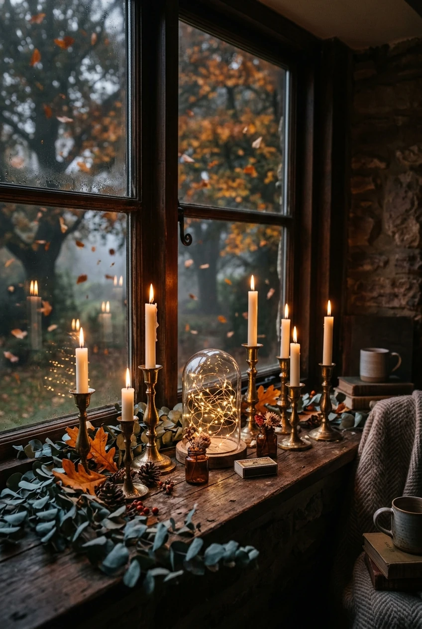 9. Ambient Dripping Candlestick & Curtained Windowsill - halloween aesthetic (AI Generated Image)