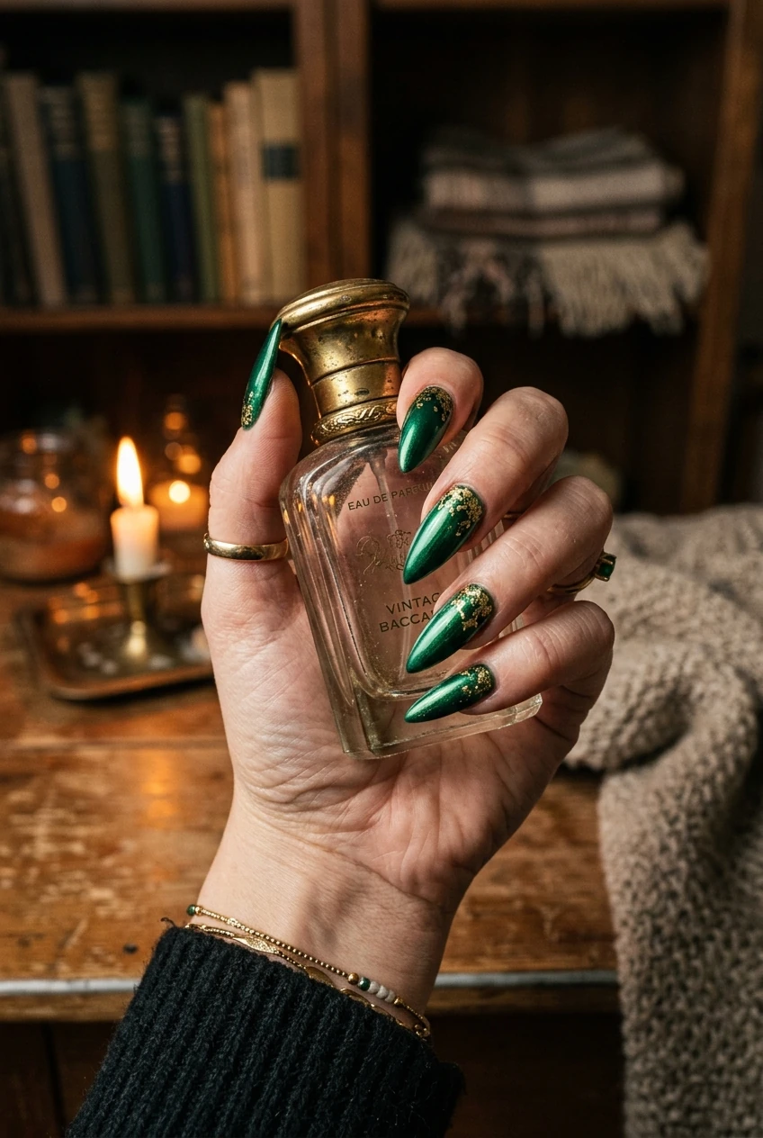 10 Dark Feminine & Witchy Nails to Channel Your Inner Gothic Glam 18 6. Wicked Emerald Venom Glaze with Antique Gold Flakes - witchy nails (AI Generated Image)