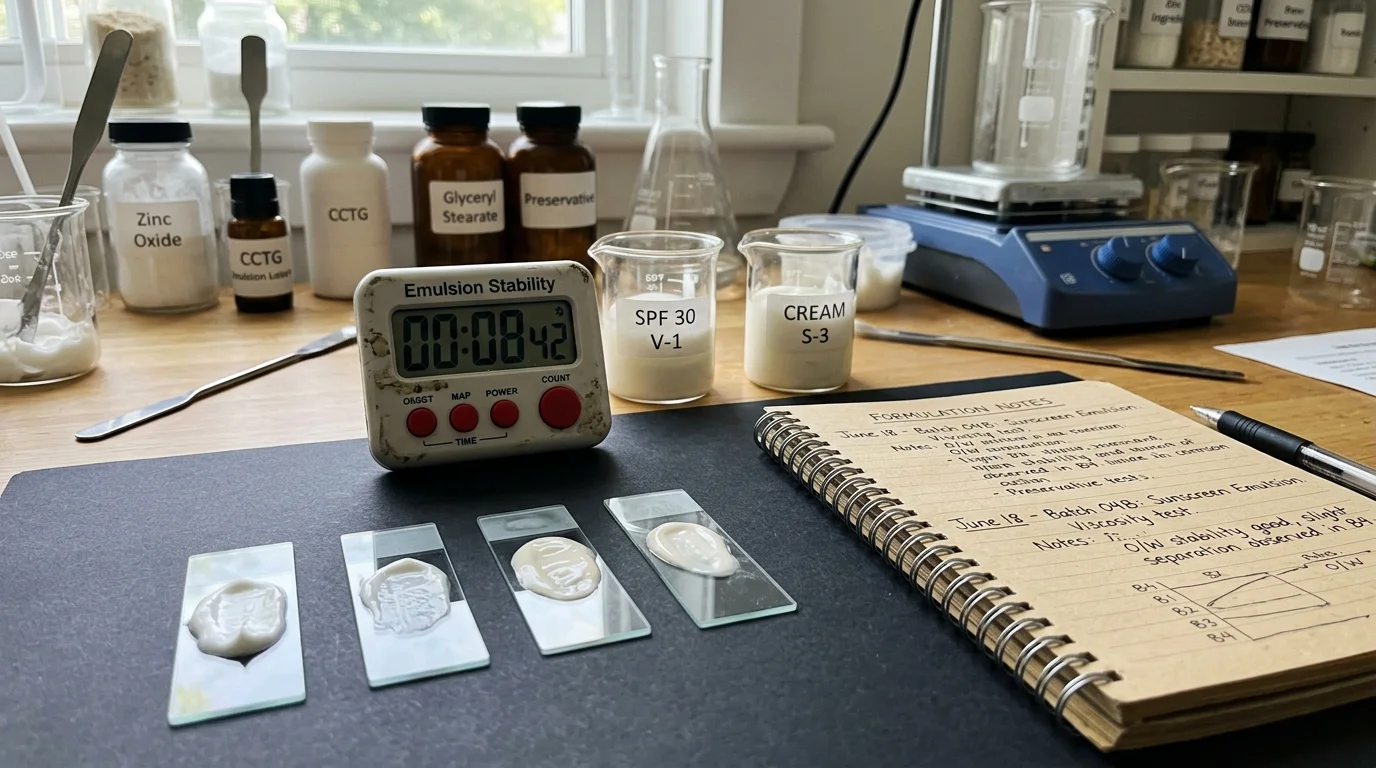 Britany Marshall Beauty vs Lab Muffin Beauty Science: Unbiased Comparison, Features & Pricing (2026) 4 Laboratory table showing texture viscosity test swatches of sunscreen and creams on glass slides, a laboratory timer measuring emulsion stability, and cosmetic formulation notes. (AI Generated Image)