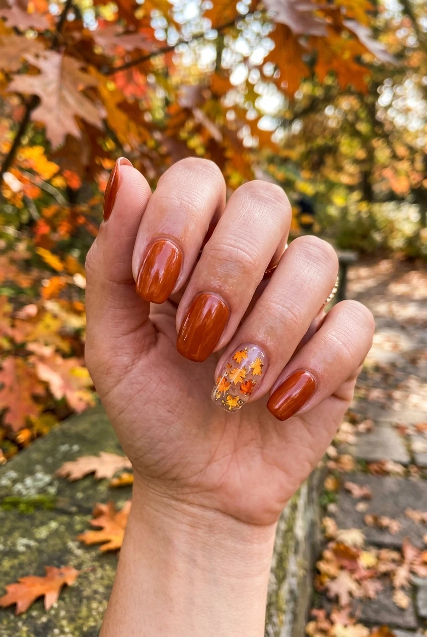 10. Encapsulated Dried Autumn Leaf & Maple Foil Nails - october nails (AI Generated Image)
