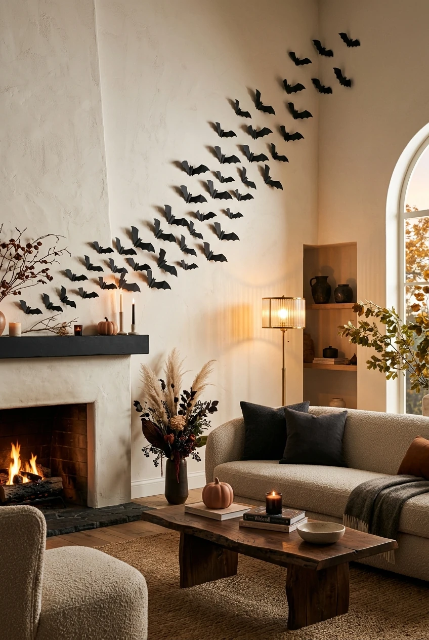 2. Modern Minimalist 3D Paper Bat Swarm Wall - halloween aesthetic (AI Generated Image)