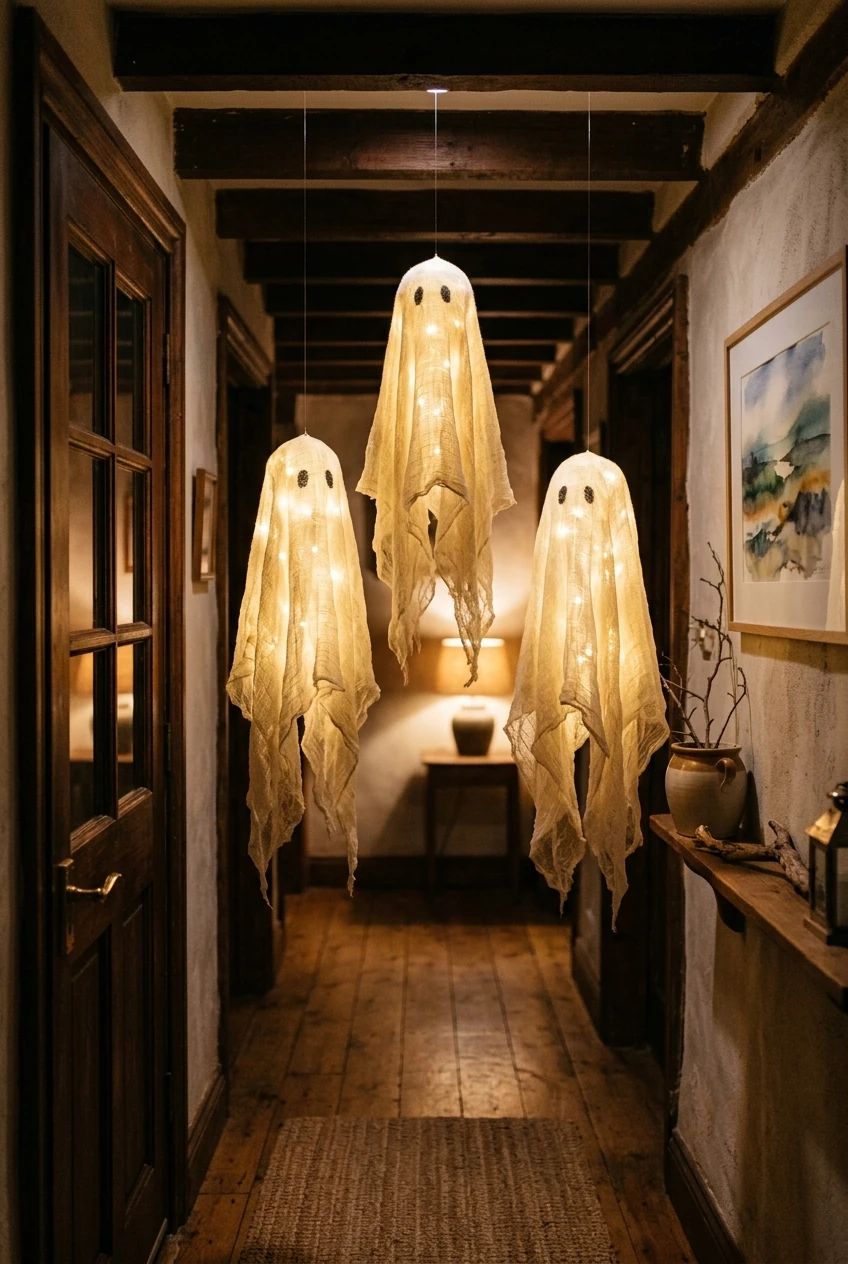 1. Floating Stiffened Cheesecloth Ghost Lanterns - halloween crafts (AI Generated Image)