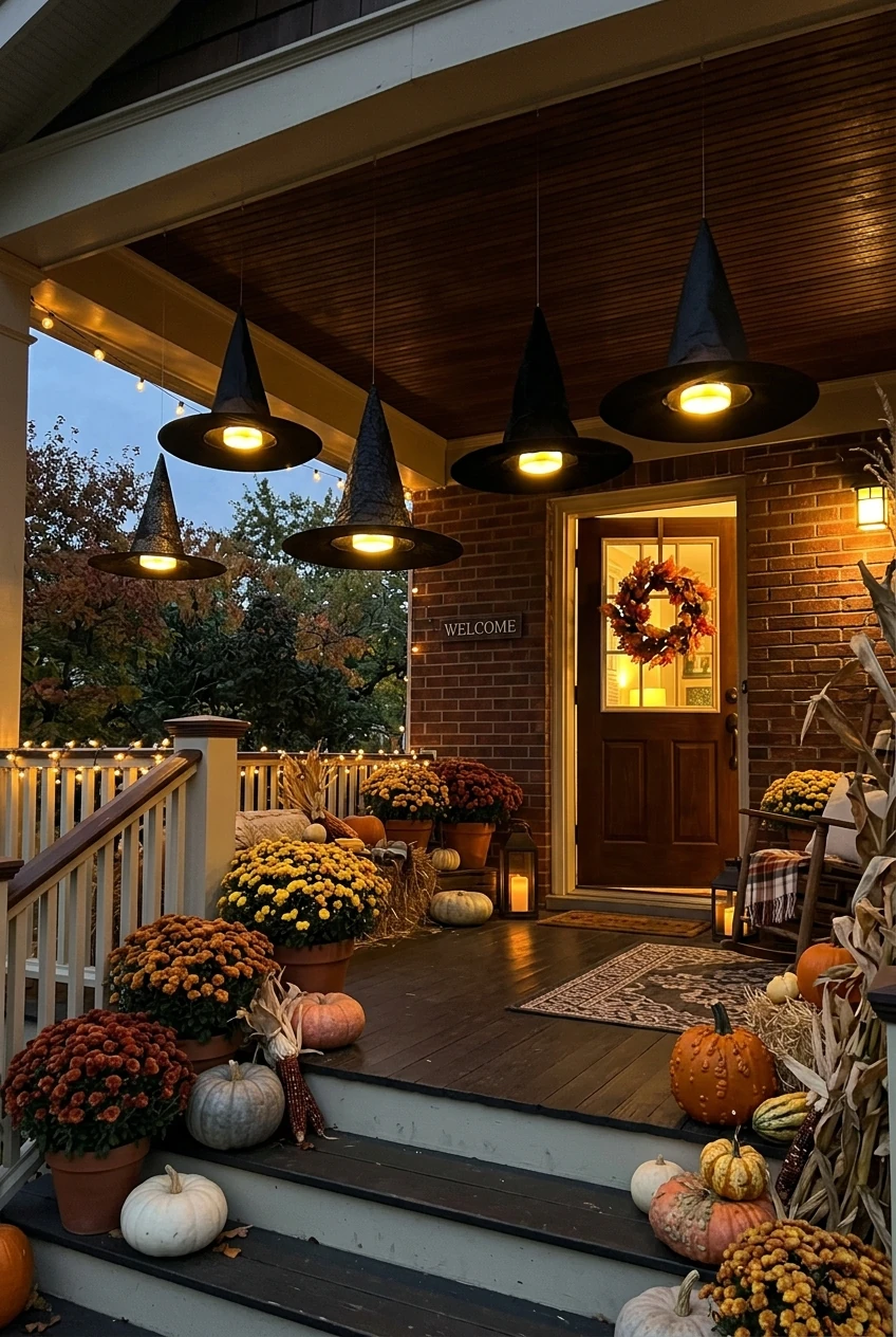 5. Floating Witch Hat Porch Luminaries with Puck Lights - halloween crafts (AI Generated Image)