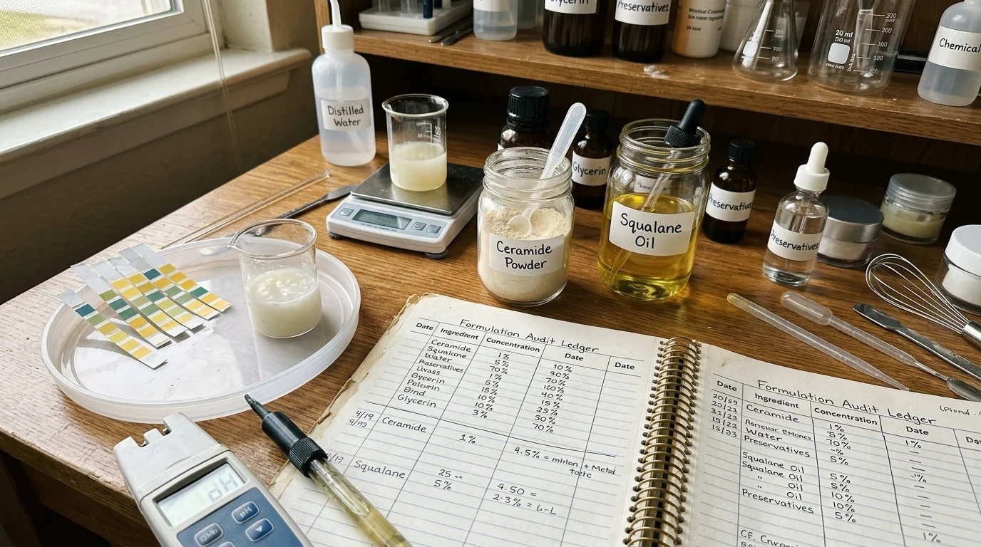 Top Dermatology & Cosmetic Chemistry Leaders to Follow on LinkedIn in 2026 4 Esthetician laboratory table with colorimetric pH test strips beside cosmetic ingredient concentration tables, raw lipid ingredient jars, and a formulation audit ledger. (AI Generated Image)