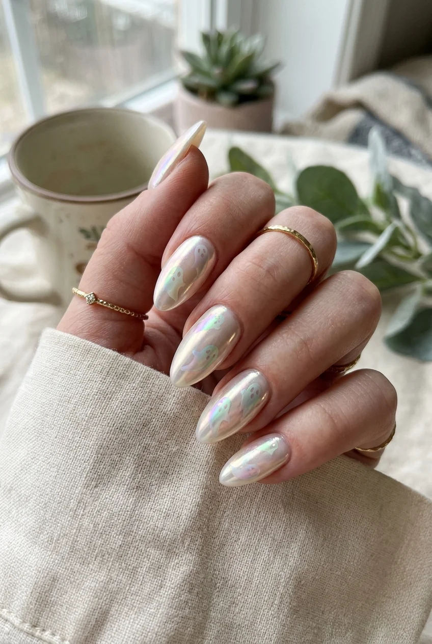 4. Glazed Chrome Holographic Ghost Silhouettes - ghost nails (AI Generated Image)