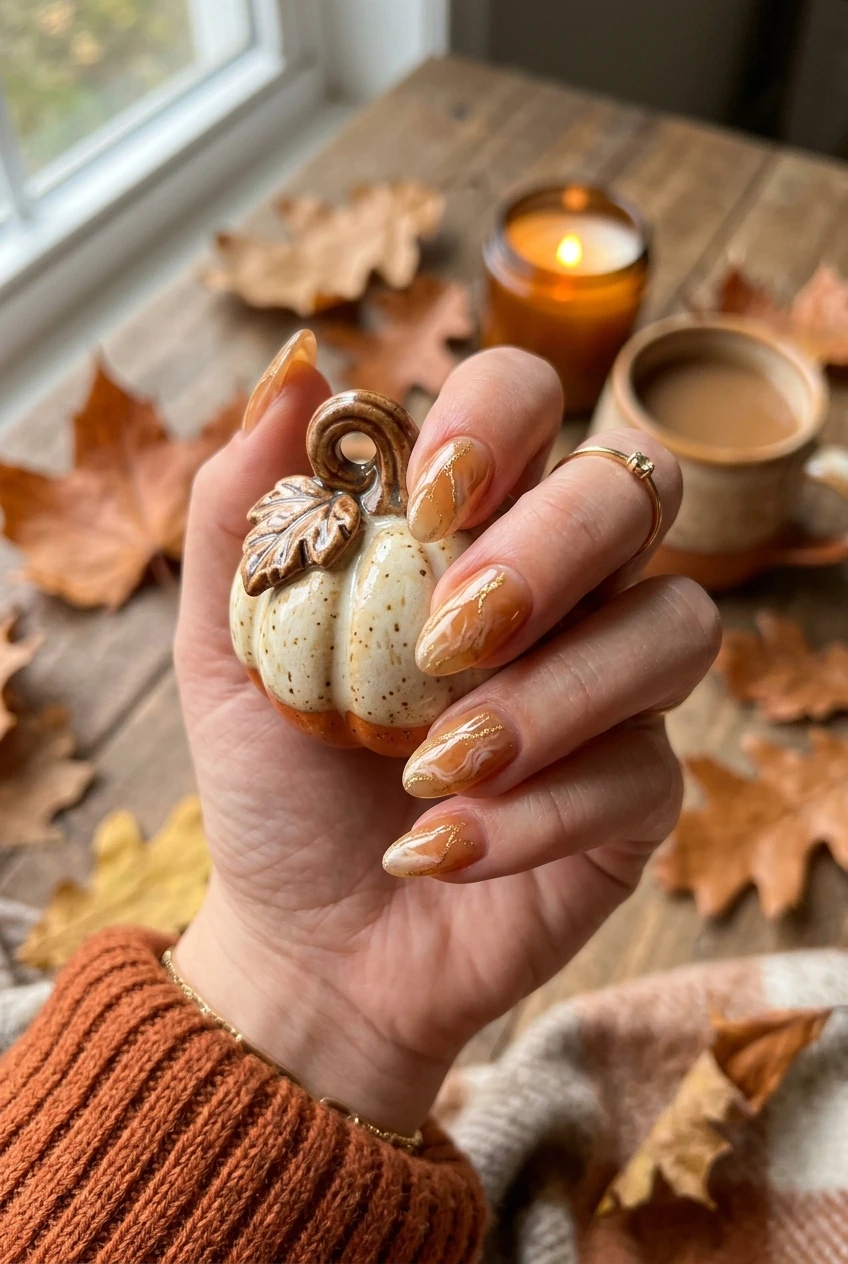 9. Golden Harvest Veining on Sheer Honey Base - october nails (AI Generated Image)