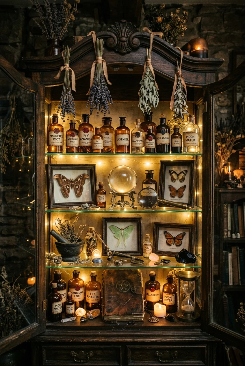 4. Vintage Apothecary & Spooky Botanical Curio Cabinet - halloween aesthetic (AI Generated Image)