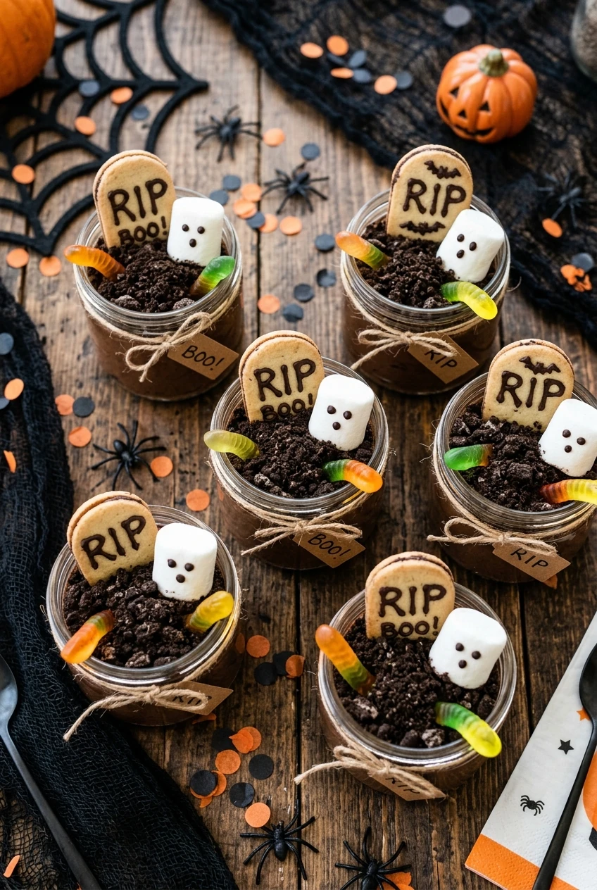 7. Haunted Graveyard Chocolate Dirt Cup Table - halloween party ideas (AI Generated Image)