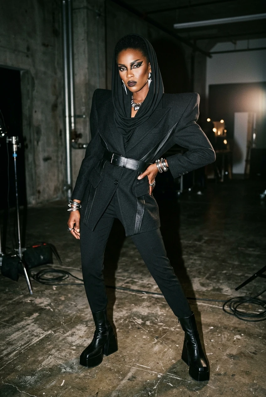 7. Grace Jones 80s Avant-Garde Power Silhouette - halloween costumes black women (AI Generated Image)