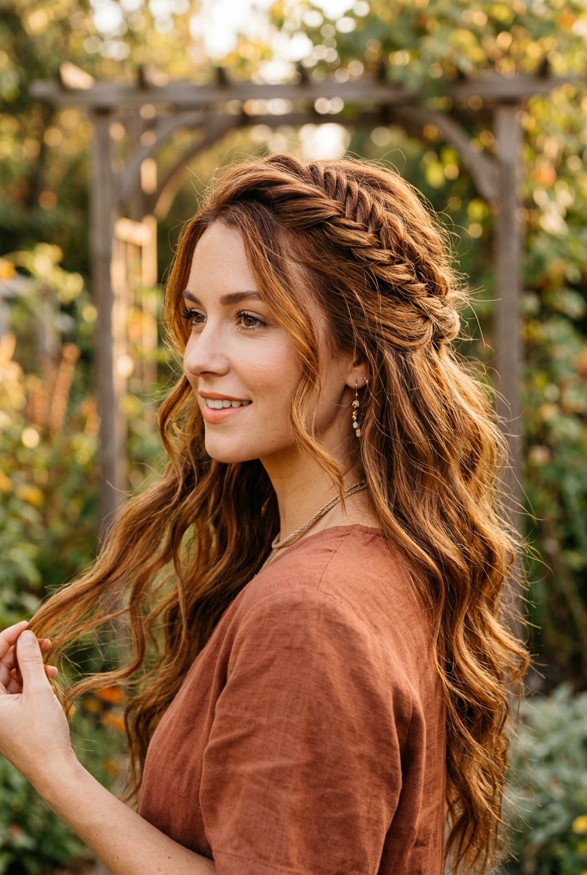 11. Messy Boho Fishtail Half-Up on Amber Auburn Balayage - long hair styles (AI Generated Image)