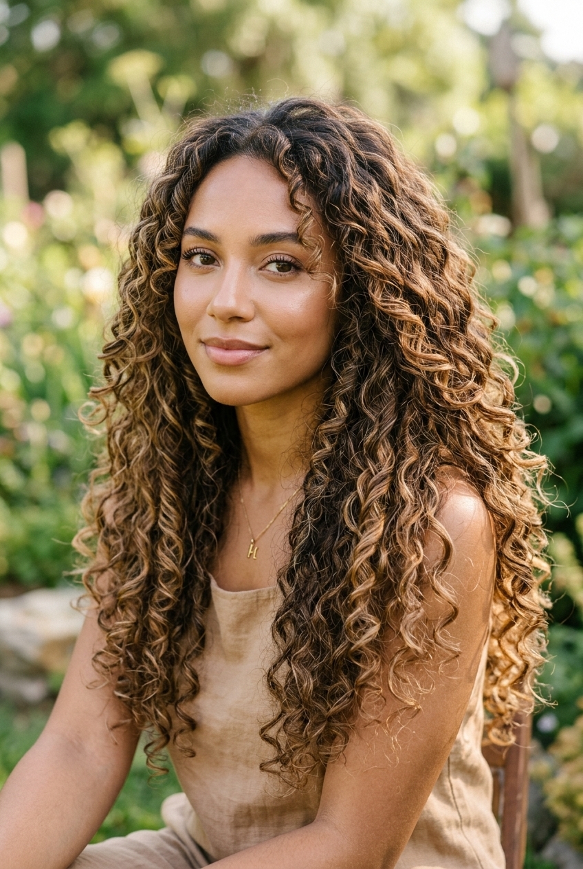 12. Diffused Natural Ringlets on Caramel Swirl Highlighted Curls - long hair styles (AI Generated Image)