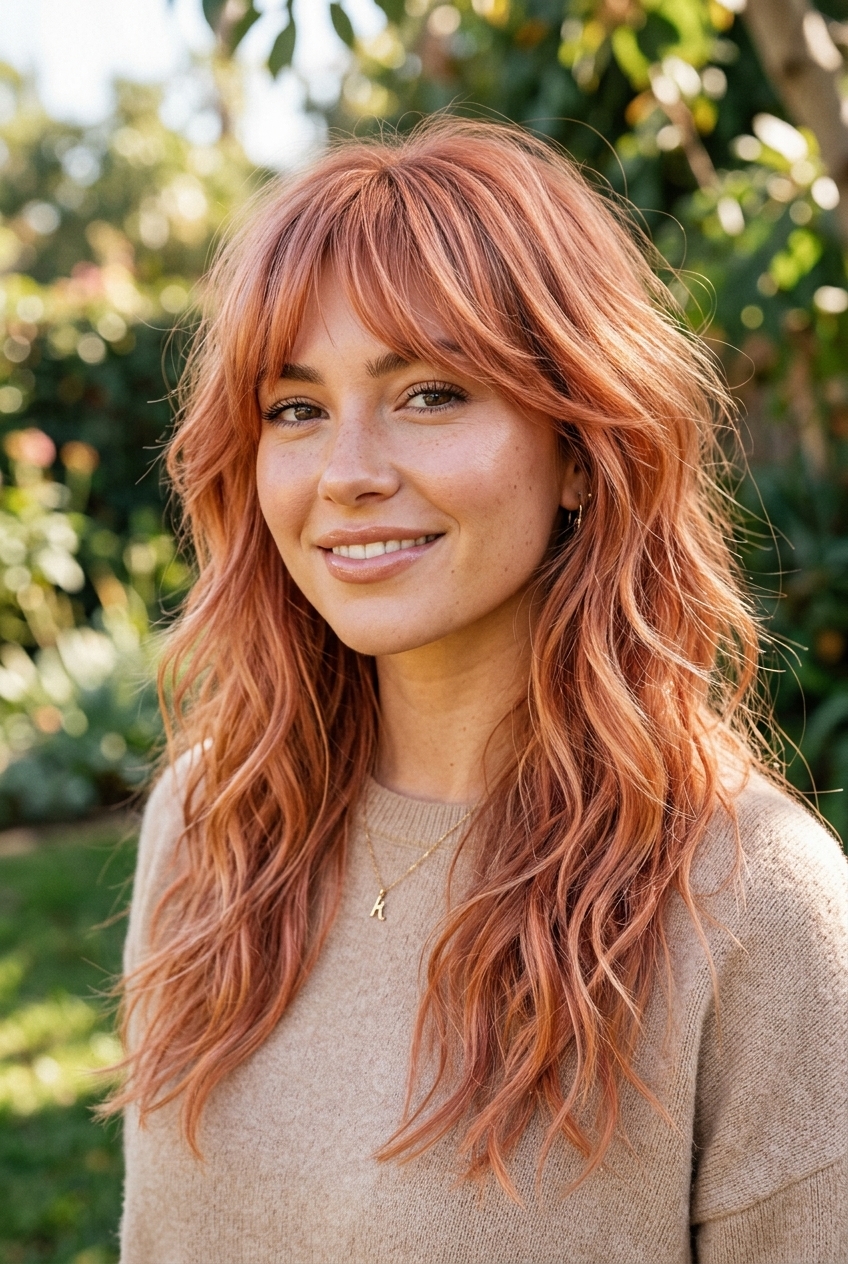 13. Modern Shag with Wispy Birkin Bangs on Strawberry Rose Gold - long hair styles (AI Generated Image)