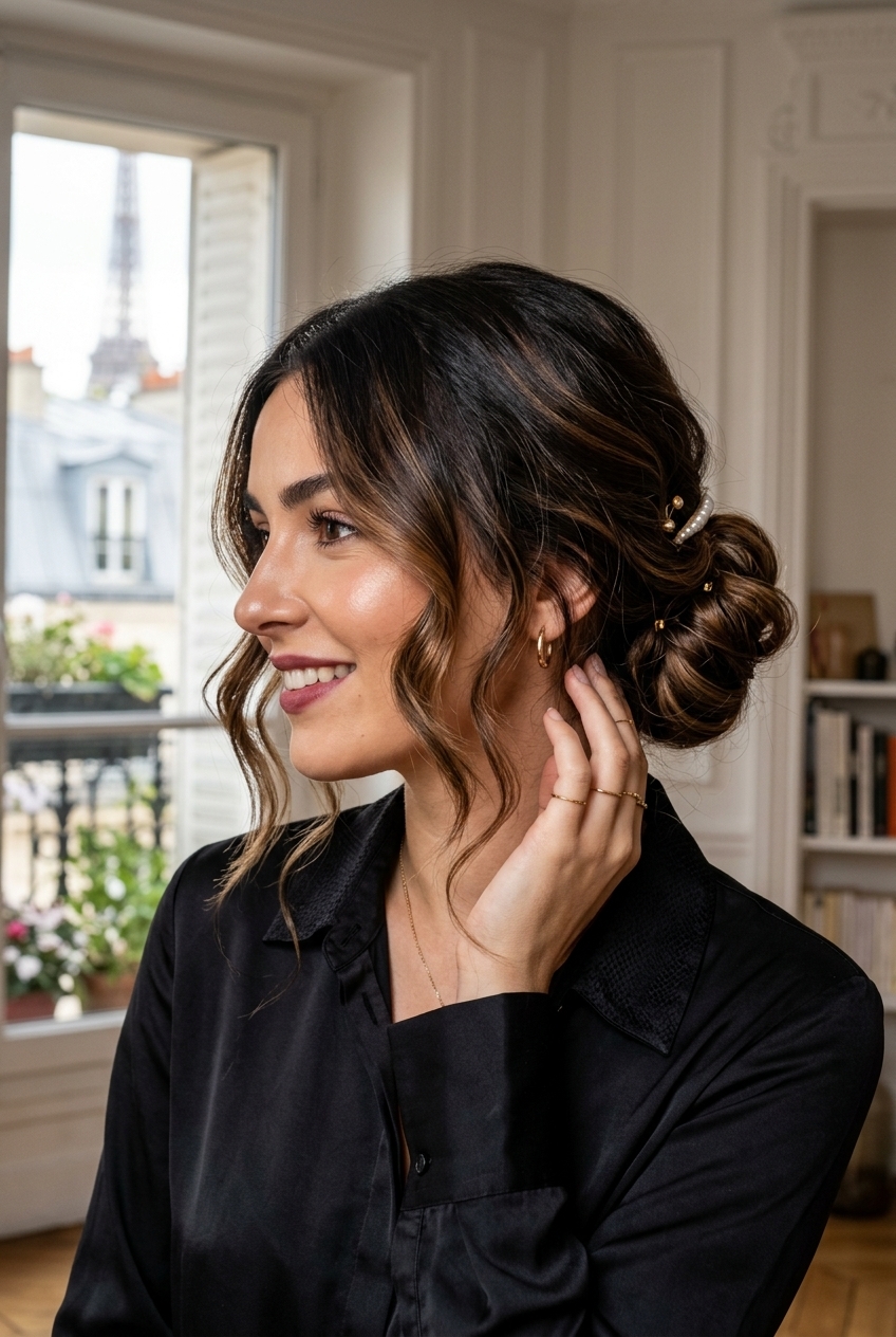 14. Glossy Parisian Low Bun with Loose Tendrils on Espresso Melt - long hair styles (AI Generated Image)