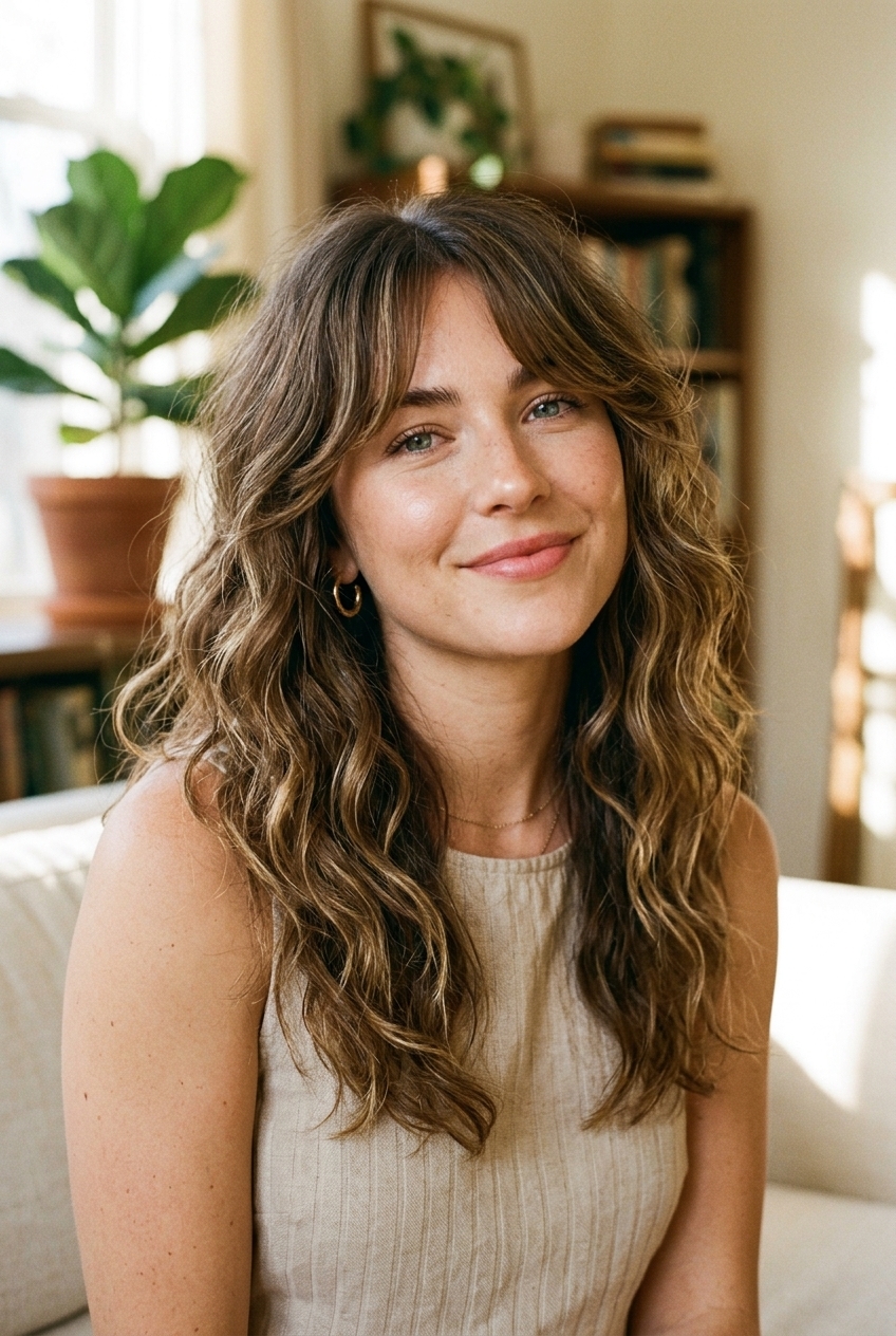 15. Second-Day Textured Shaggy Waves with Curtain Fringe on Sun-Kissed Brunette - long hair styles (AI Generated Image)