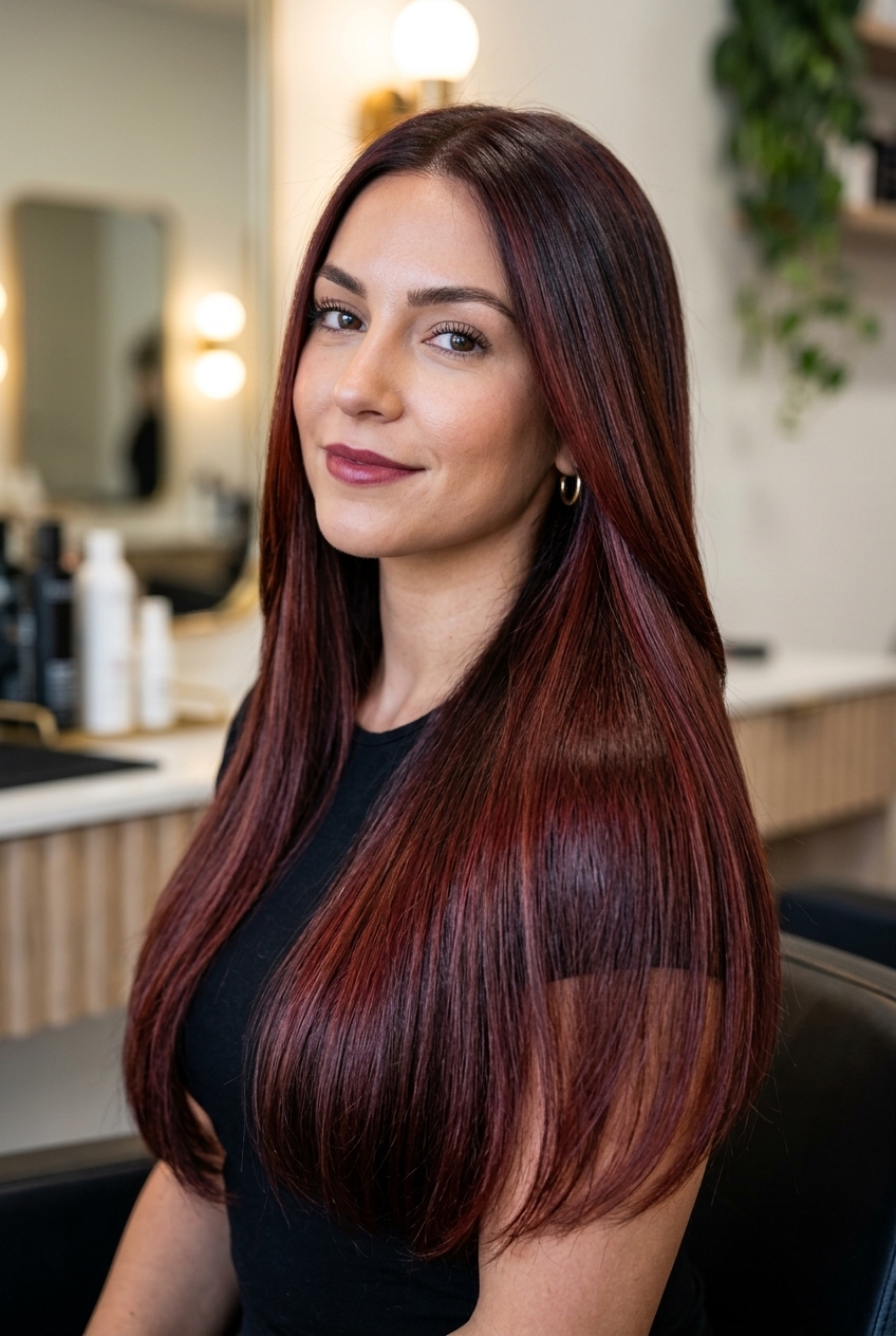 16. Glass-Finish Keratin Blowout on Rich Cherry Cola Balayage - long hair styles (AI Generated Image)