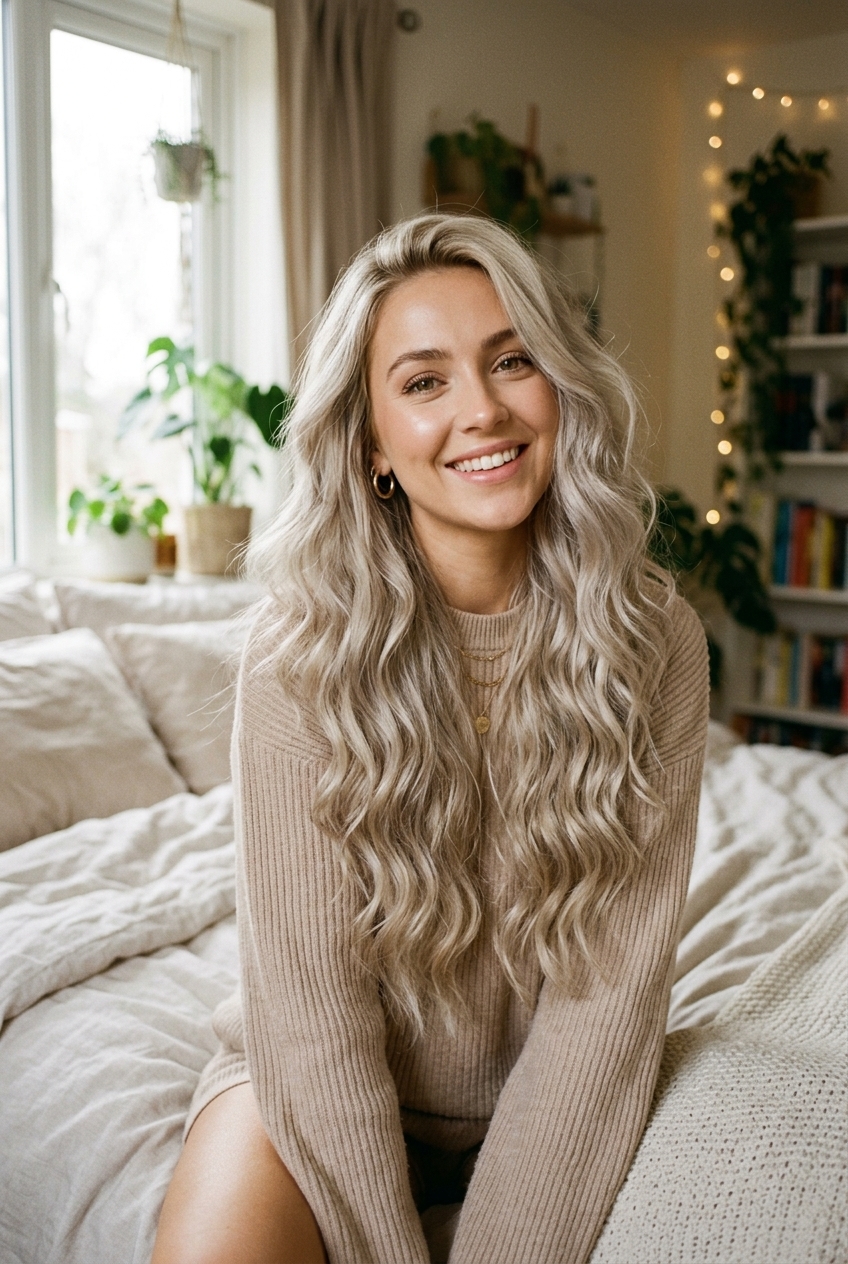 17. Overnight Restorative Heatless Waves on Bleached Ash Blonde - long hair styles (AI Generated Image)