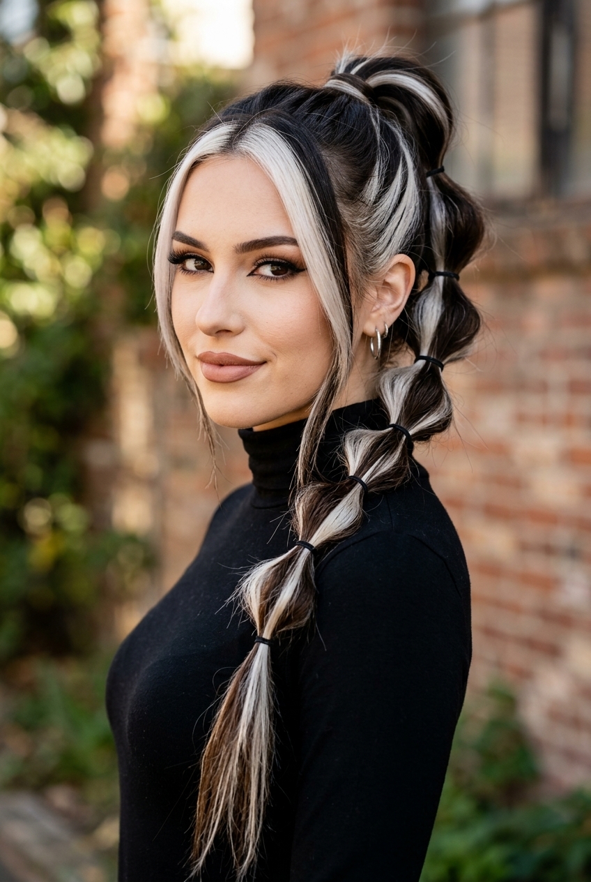 18. High-Contrast Segmented Bubble Ponytail on Skunk Stripe Brunette - long hair styles (AI Generated Image)