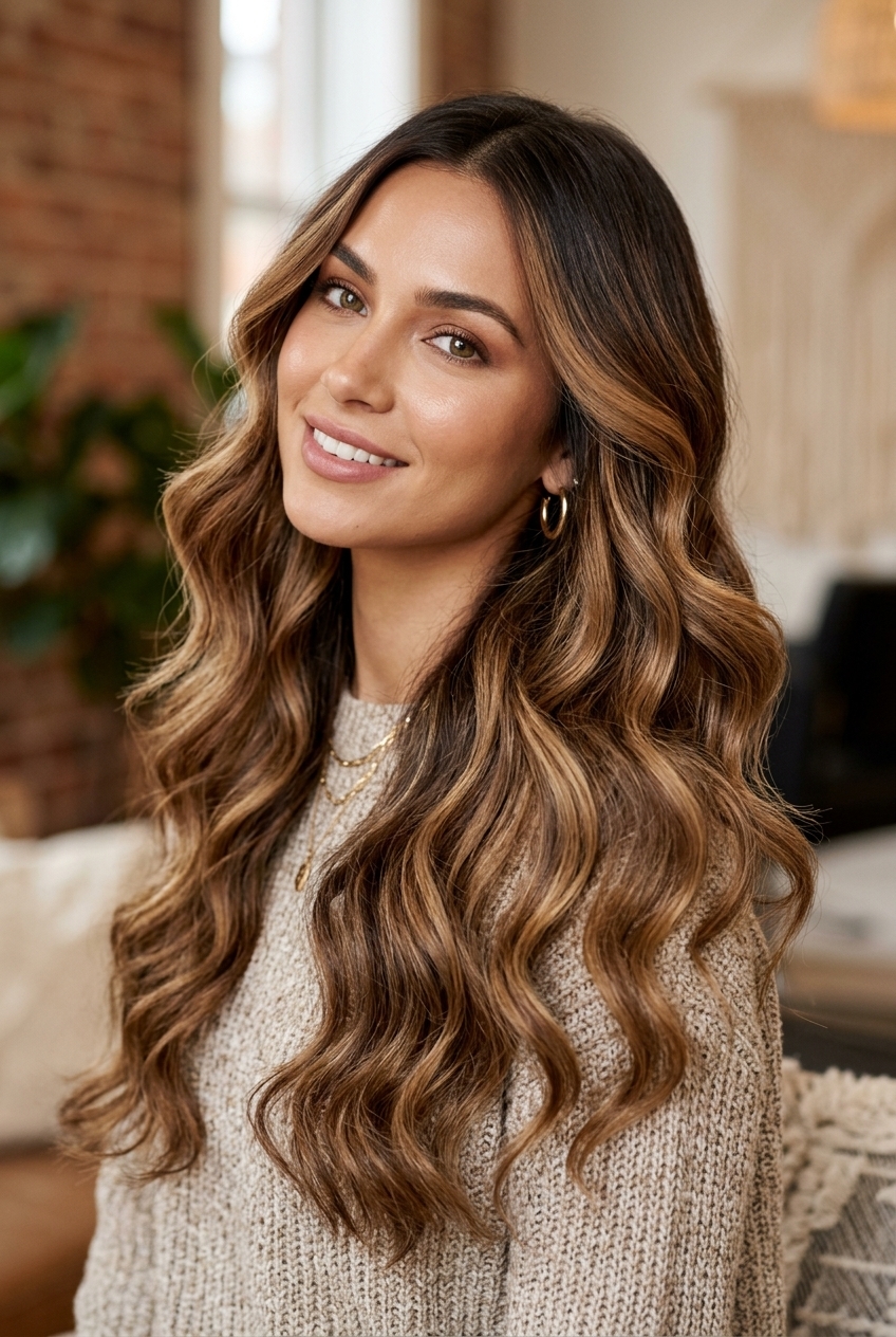 19. Cascading Seamless Melt Barrel Waves on Spiced Toffee Ombré - long hair styles (AI Generated Image)