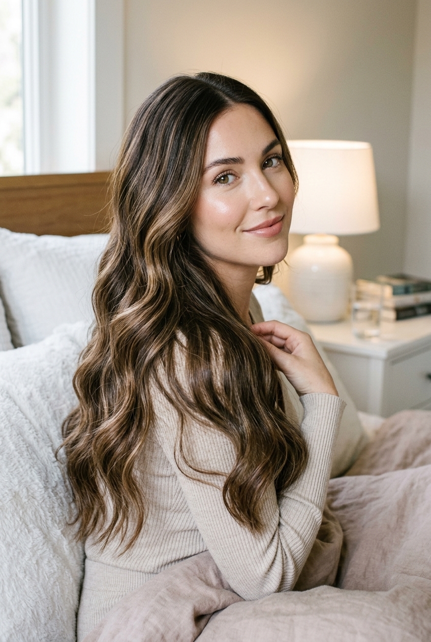 20. Bedside Hydrated Silk Waves on Espresso with Fine Milk Tea Highlights - long hair styles (AI Generated Image)