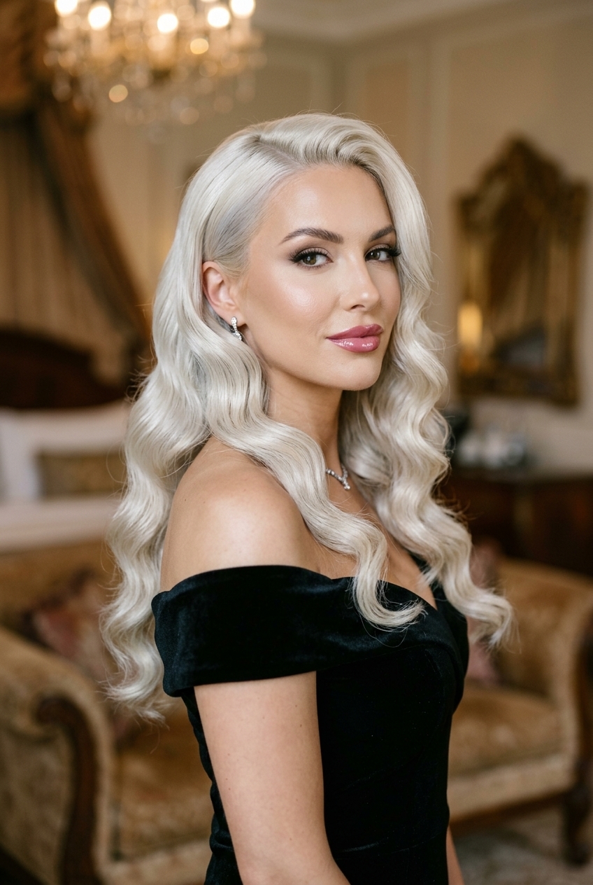 8. Hollywood Glamour S-Waves on Platinum Ice Blonde - long hair styles (AI Generated Image)