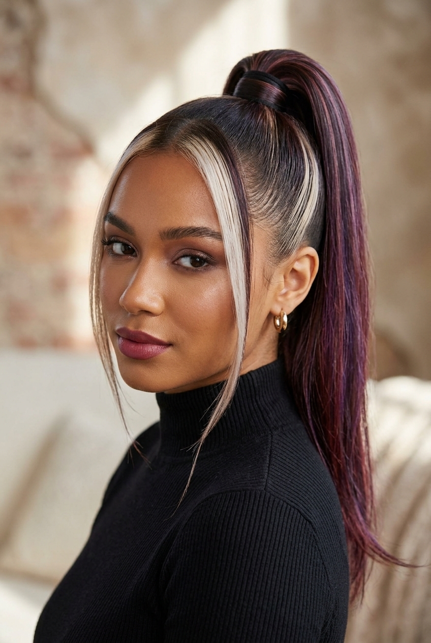9. Snatched High Sleek Ponytail on Chunky Money-Piece Highlights - long hair styles (AI Generated Image)