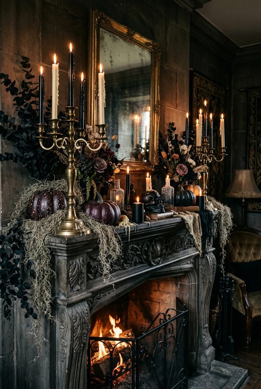 3. Moody Gothic Fireplace Mantel with Dripping Tapers - halloween aesthetic (AI Generated Image)