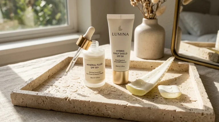 Luxury aesthetic skincare vanity with lightweight oil-free mineral sunscreen dropper, hybrid pump bottle, and fresh aloe vera leaves on travertine marble.
