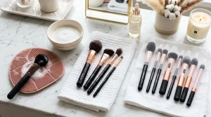 Luxury aesthetic beauty vanity flatlay showing professional makeup brushes, textured silicone cleansing mat, and conditioning soap on white marble.