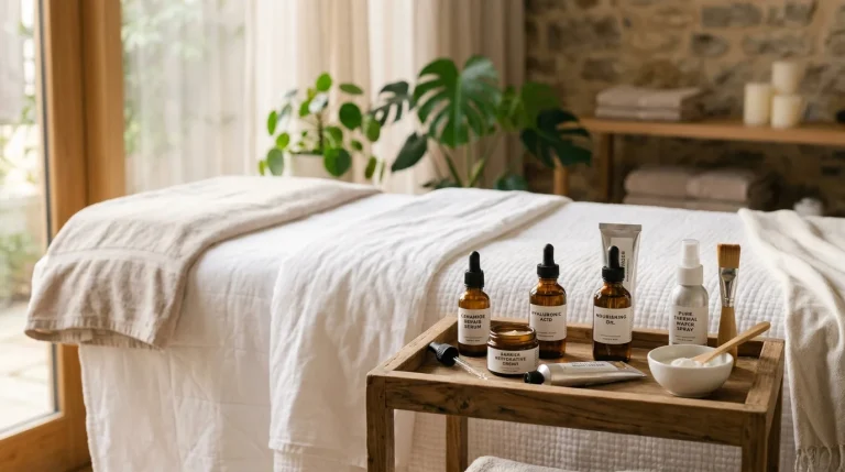 Serene clinical skincare treatment table with soothing barrier repair creams, amber glass ceramide droppers, pure thermal water spray, and soft linen towels.