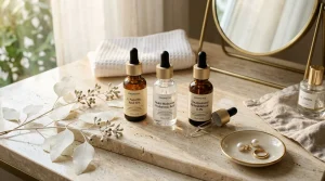 Luxury aesthetic skincare vanity with dropper bottles of L-ascorbic acid, hyaluronic acid, and retinaldehyde on a travertine marble tray with fresh botanical eucalyptus.