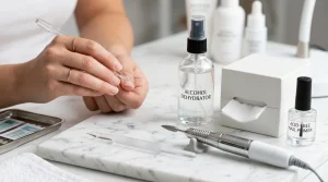 Salon grade nail prep manicure workstation with glass cuticle pusher, diamond flame e-file bit, pure alcohol dehydrator, and acid-free primer on marble.