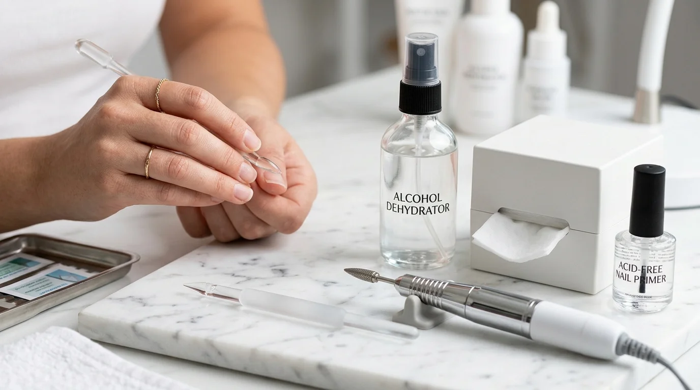 Salon grade nail prep manicure workstation with glass cuticle pusher, diamond flame e-file bit, pure alcohol dehydrator, and acid-free primer on marble.