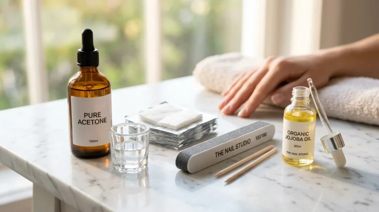 Salon grade builder gel removal station with pure acetone, nail buffer, foil wraps and jojoba oil