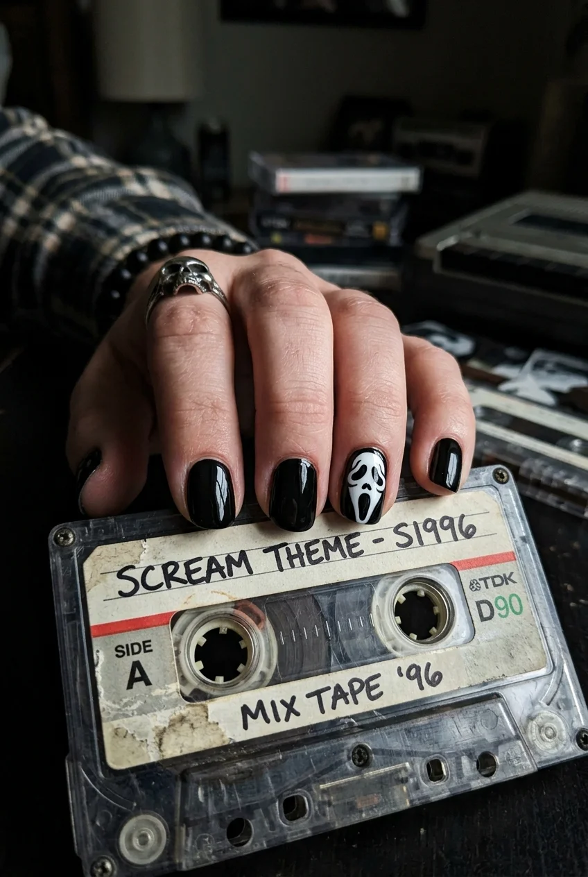 2. Iconic 90s Ghostface Scream Mask Accent Nails - ghost nails (AI Generated Image)