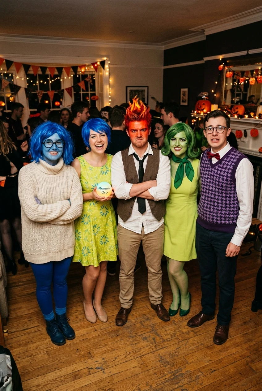 10 Creative Group Halloween Costumes for Trios, Squads & Families (2026) 18 6. Inside Out Headquarters Emotional Spectrum - group halloween costumes (AI Generated Image)
