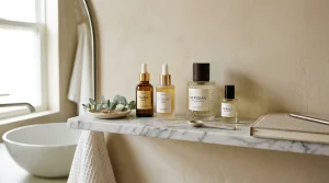 Aesthetic bathroom vanity top-shelf scene with stylish luxury skincare serums, artisanal perfume bottles, and soft morning daylight on a marble shelf.
