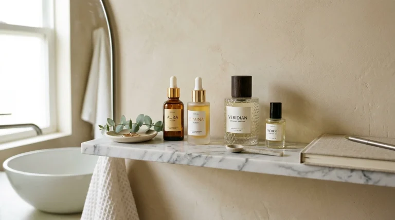 Aesthetic bathroom vanity top-shelf scene with stylish luxury skincare serums, artisanal perfume bottles, and soft morning daylight on a marble shelf.