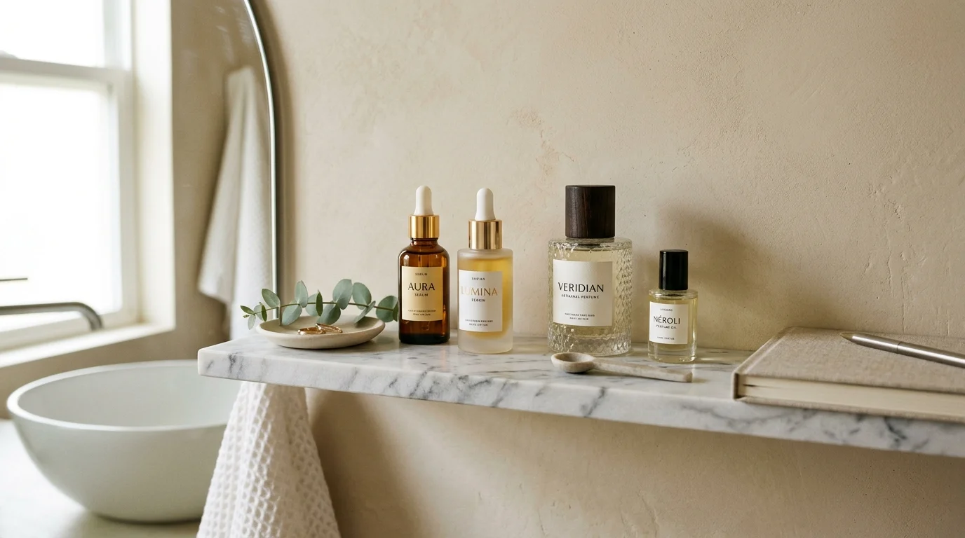 Aesthetic bathroom vanity top-shelf scene with stylish luxury skincare serums, artisanal perfume bottles, and soft morning daylight on a marble shelf.