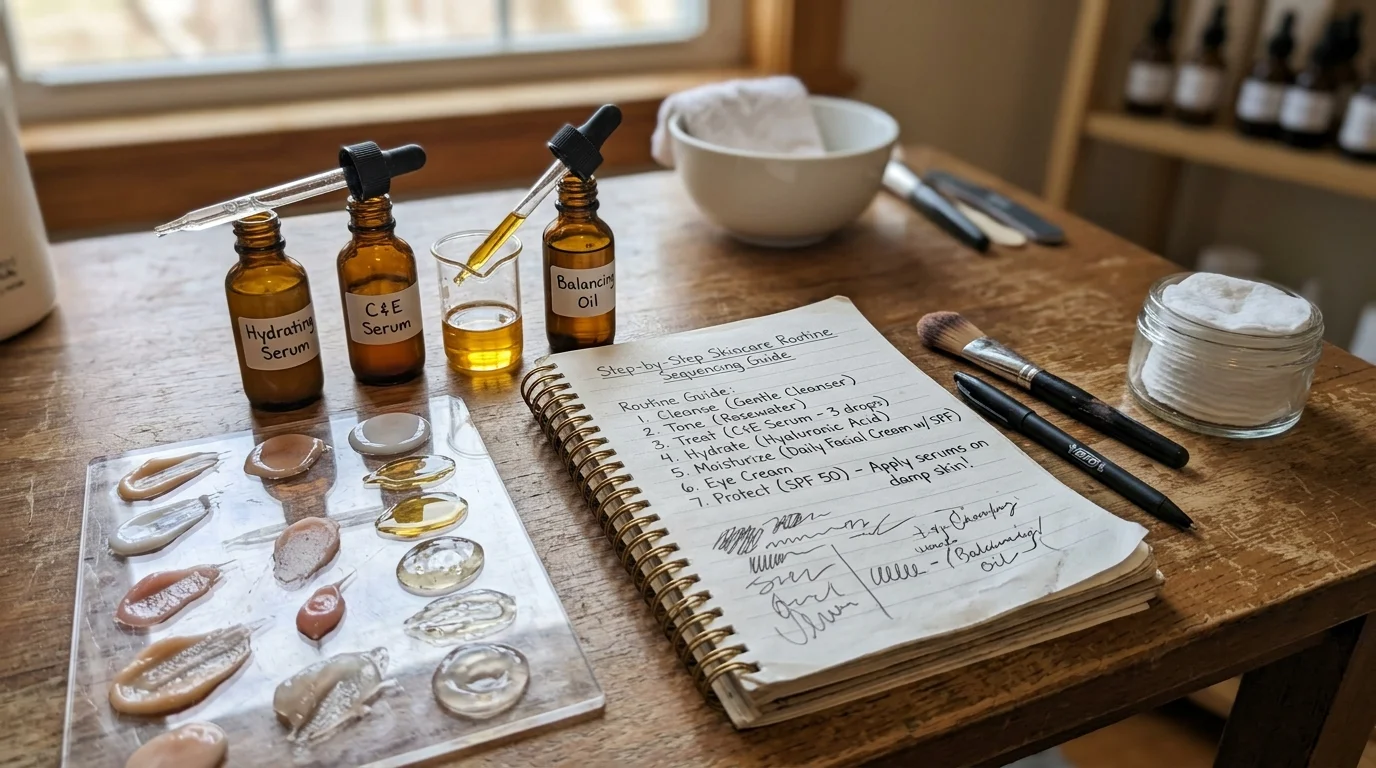 Esthetician workspace showing cosmetic product swatches on an acrylic palette, glass pipettes with amber serums, and an open notebook detailing a step-by-step skincare routine sequencing guide. (AI Generated Image)