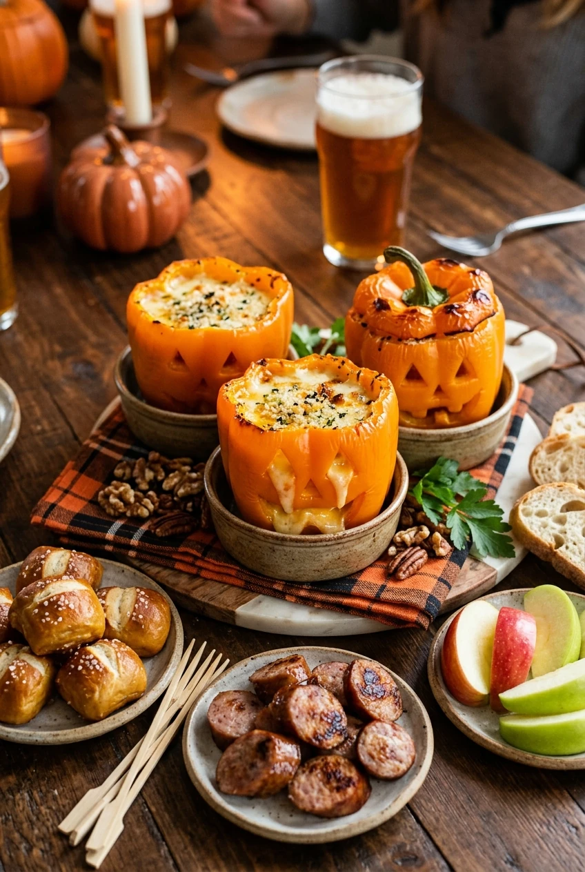 5. Jack-O'-Lantern Stuffed Pepper Cheese Fondue - halloween party ideas (AI Generated Image)