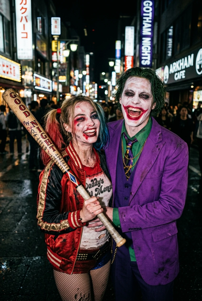 10 Creative Couples & Duo Halloween Costumes That Will Win Every Contest 16 4. Joker & Harley Quinn Gotham Slasher Chic - couples halloween costumes (AI Generated Image)