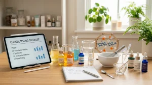 Bright modern cosmetic science and beauty studio desk with glass beakers of colorful skincare serums, molecular models, and clinical testing checklist on tablet.