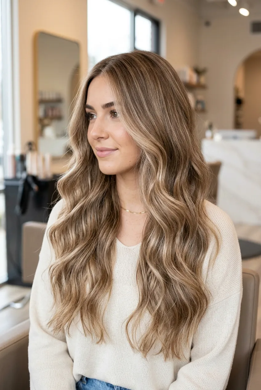 14. Champagne Blonde Micro-Highlights on Light Brown Canvas - long hair color ideas (AI Generated Image)