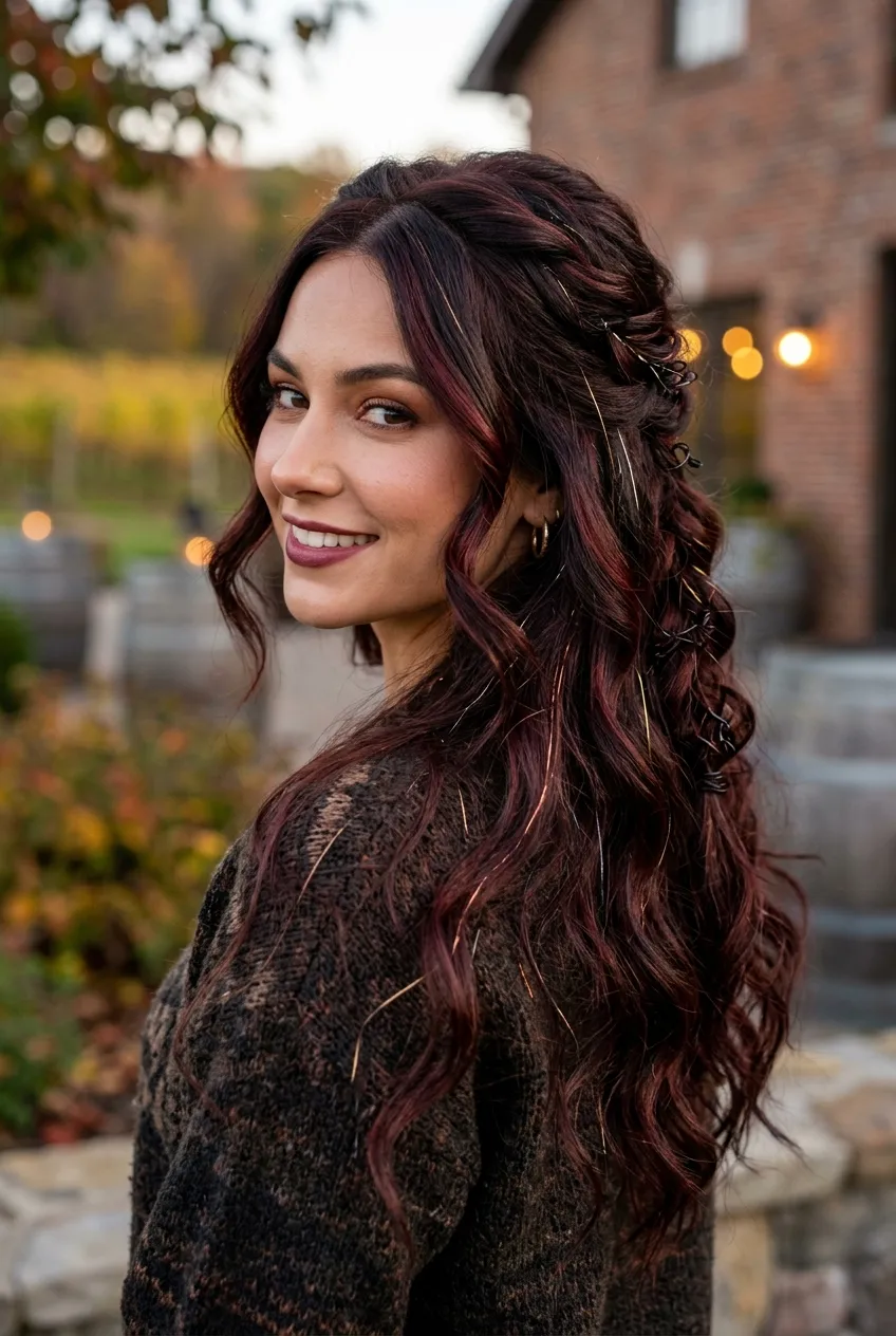 22. Dark Chocolate Cherry with Dimensional Foil Insulation - long hair color ideas (AI Generated Image)