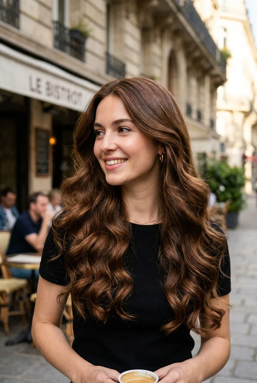 18. Glossy Chestnut Brown with Clear Glaze Topcoat - long hair color ideas (AI Generated Image)