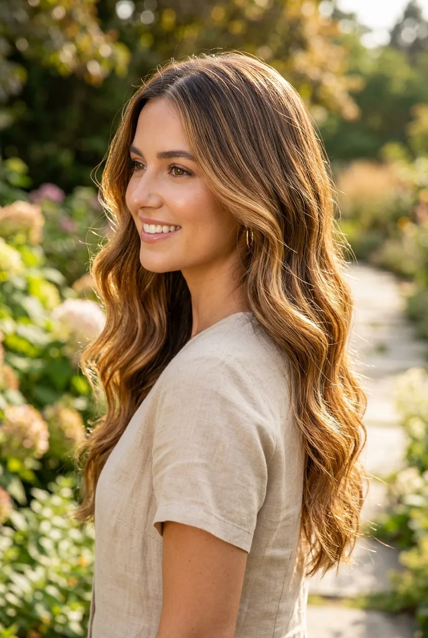 11. Golden Amber Glow with Wet Balayage Surface Dimension - long hair color ideas (AI Generated Image)