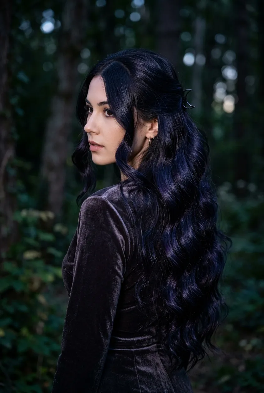 15. Midnight Blackberry Noir with Deep Indigo Reflects - long hair color ideas (AI Generated Image)