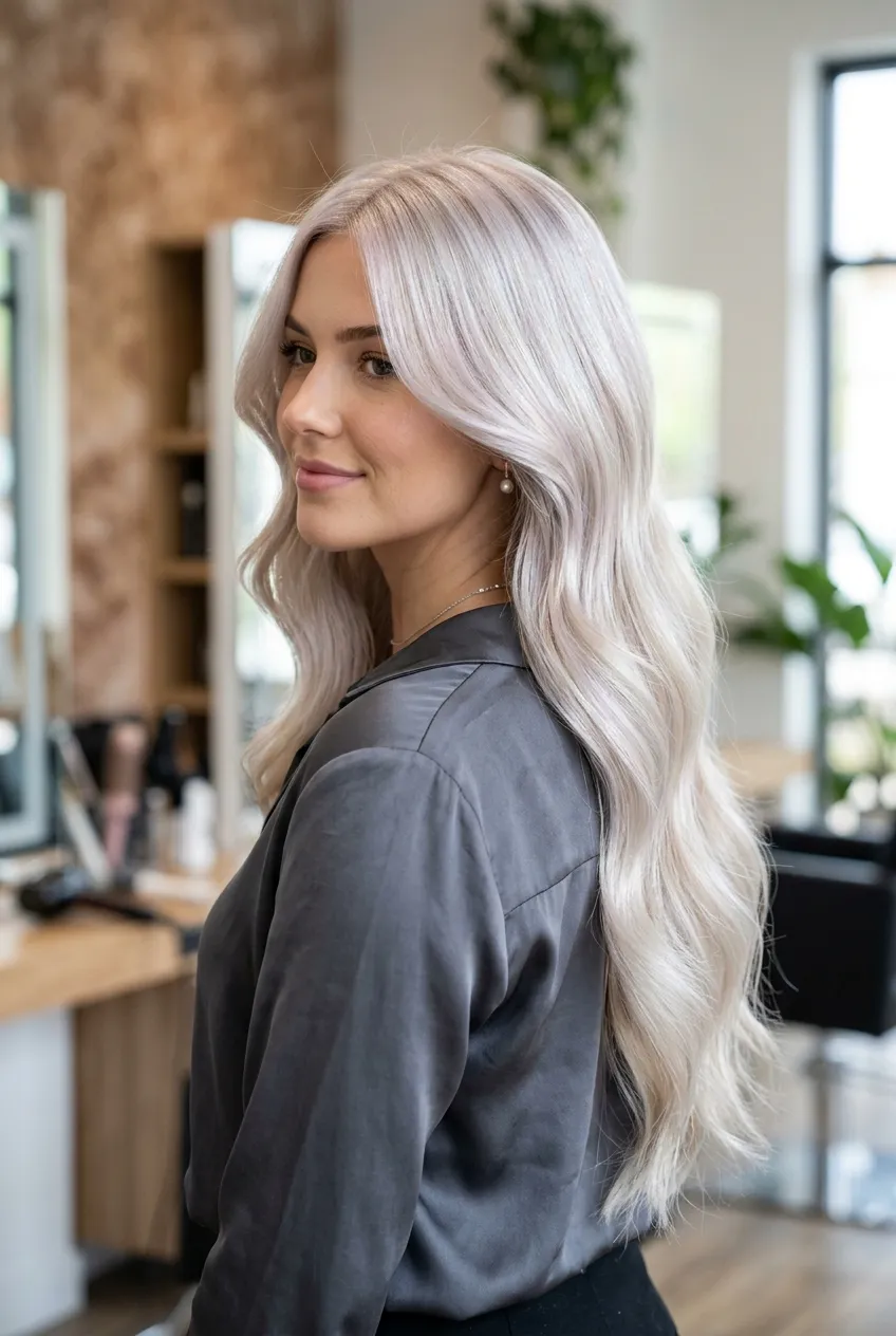 17. Pearl Platinum Blonde with Acidic Color Sealing - long hair color ideas (AI Generated Image)