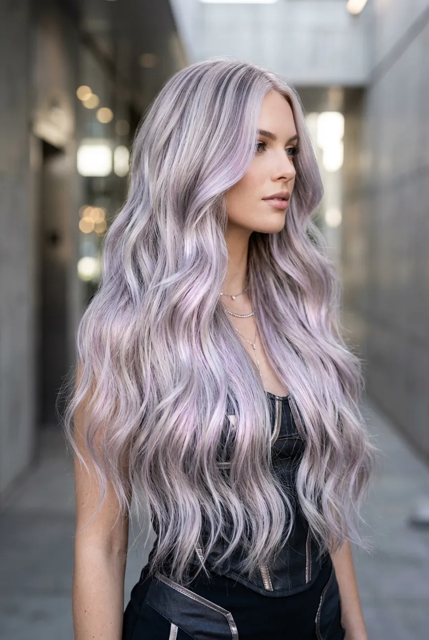 23. Silver Lilac Smoke Balayage on Platinum Base - long hair color ideas (AI Generated Image)