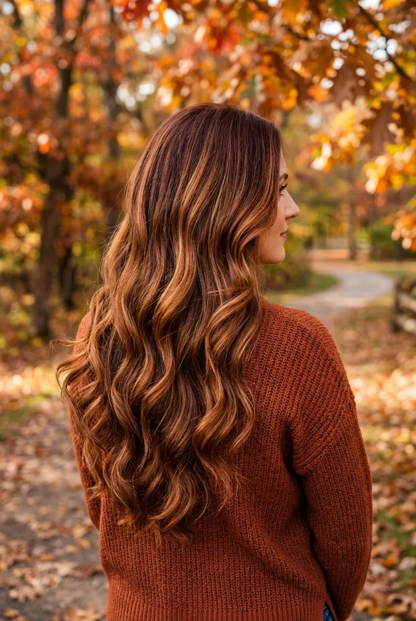 16. Warm Spiced Cider Balayage for Golden Undertones - long hair color ideas (AI Generated Image)
